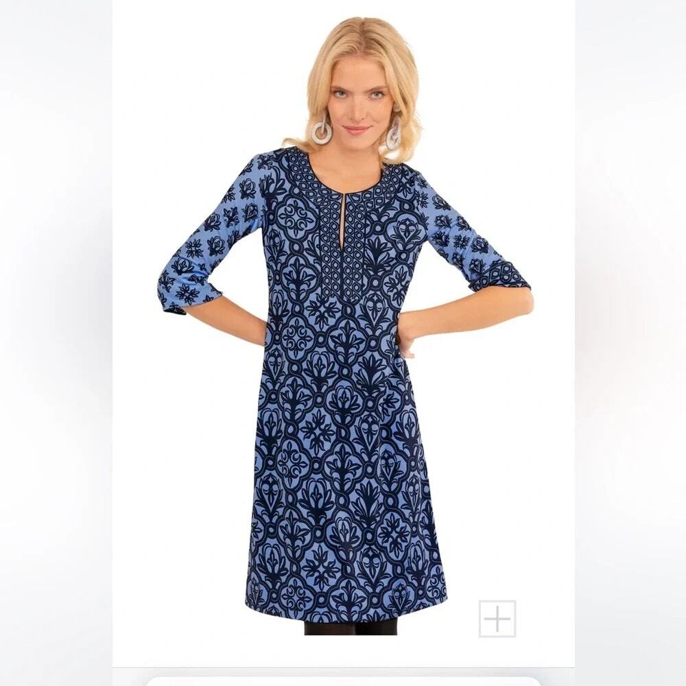 Gretchen Scott Blue Tile Wall of Secrets Split Neck Tunic Swing Dress SM